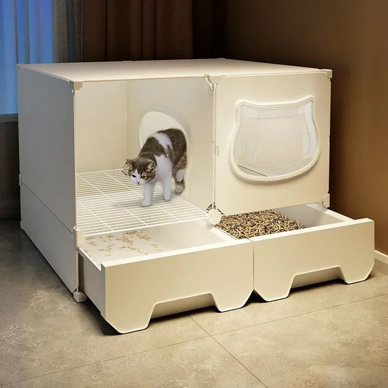 Katzenstreuschrank mit Anti-Sand-Korridor, übergroße Katzentoilette mit Spritzschutz, halbgeschlossene Katzentoilette