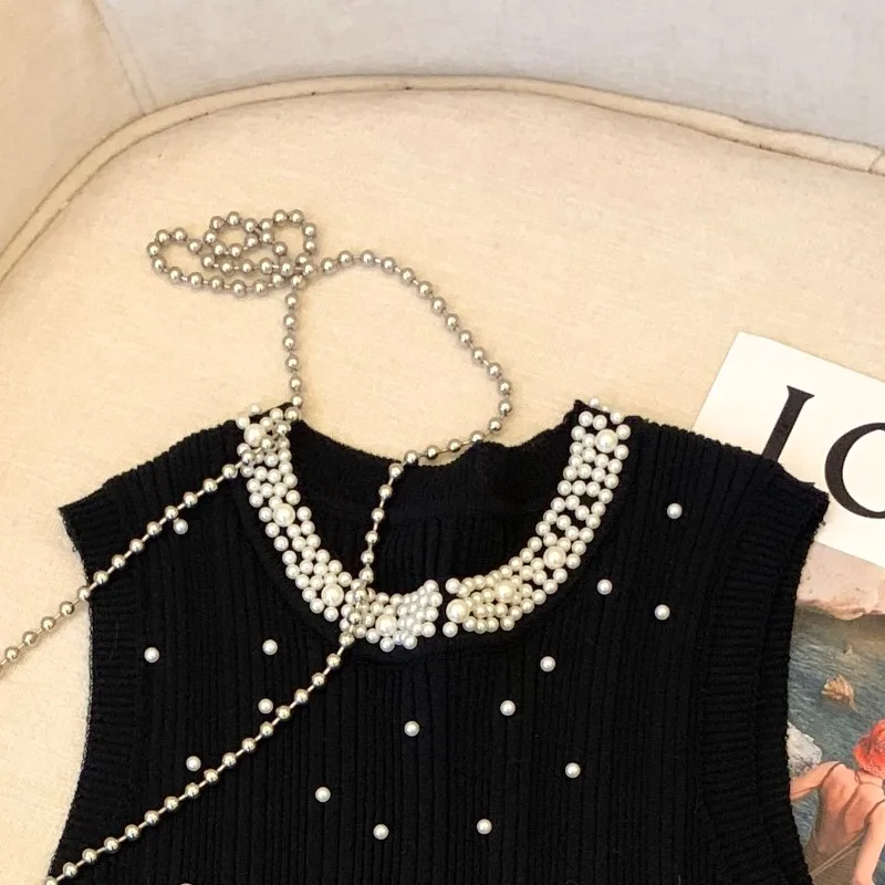 2024 Spring Summer Peals Beaded Ice Silk Knitted Vest Fashion Women Korean Slim Sleeveless O-neck Sweater Vests Female Tank Tops