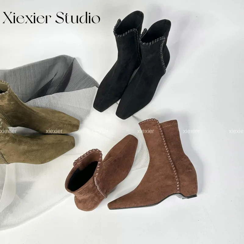 

Новинка весны и осени 2023 года, ботильоны на блочном каблуке в стиле ретро, женские ботинки челси с острым носком, узкие ботинки средней длины