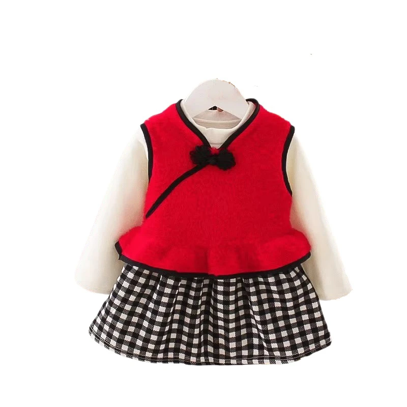 Kids Girls Dress Sets Red Fleece Vest+Plaid Dress 2 Pieces Suits Girl Outfits Party Clothes 0-2Y