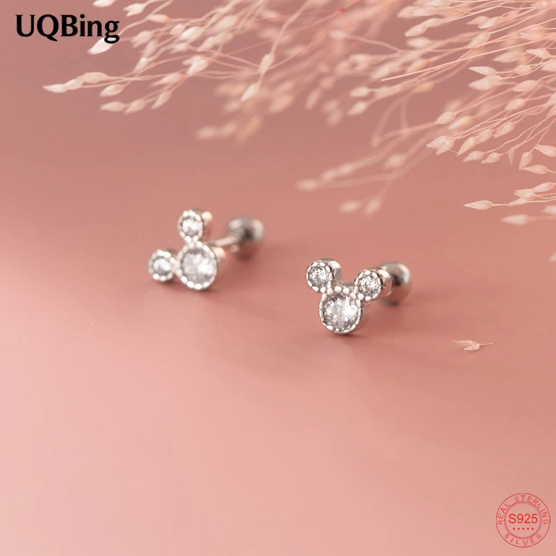 

925 Sterling Silver Mickey Screw Stud Earring For Women Girls AAA Zircon Crystal Wedding Bridal Fashion Jewelry