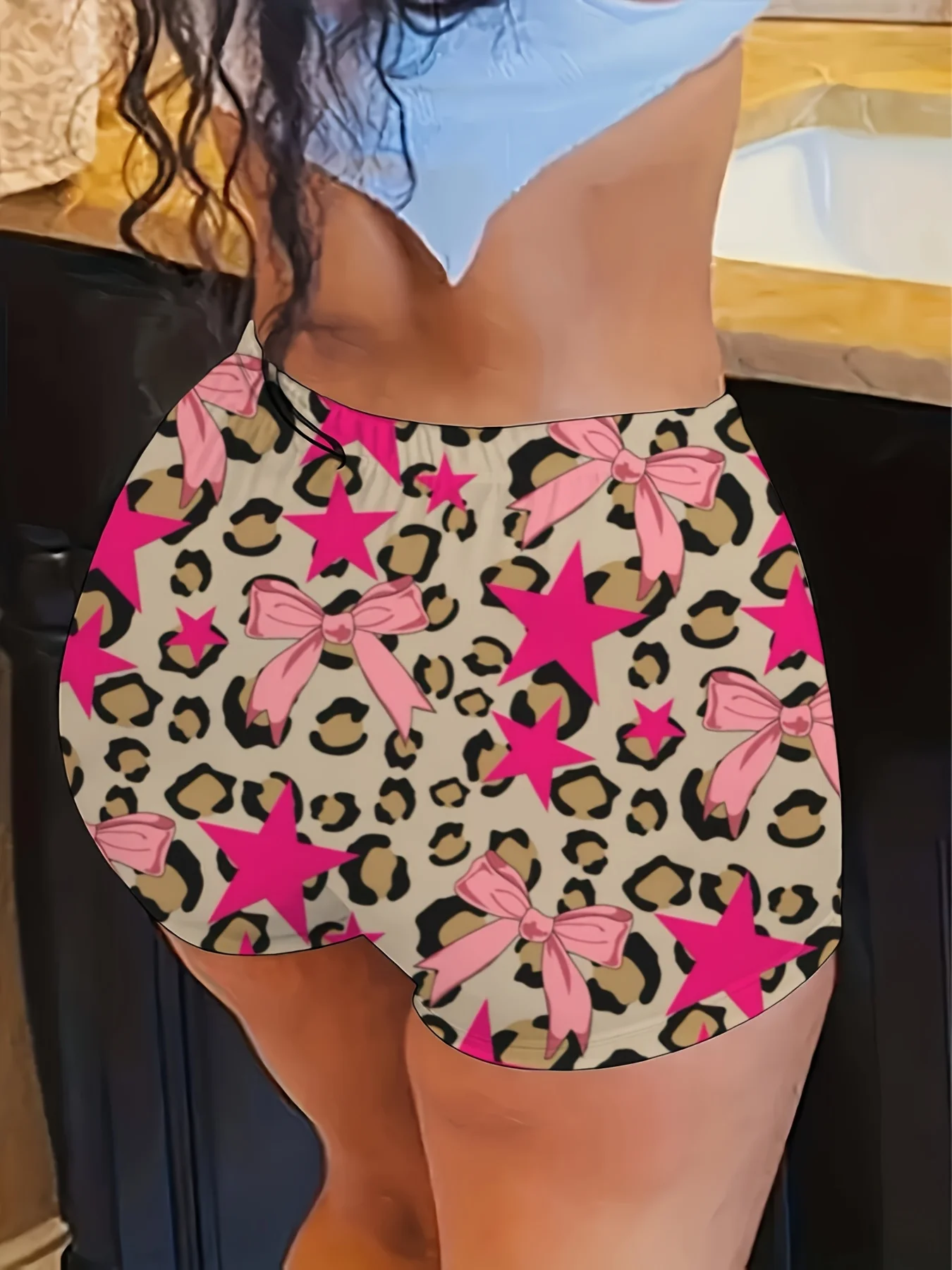 

Женские эластичные узкие леггинсы с леопардовым принтом и розовыми бантами, звезды, эластичный пояс, непрозрачные шорты для йоги