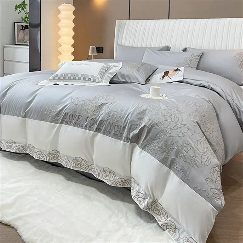 

Romantic Bedding Set Luxury Duvet Cover Set Pure Cotton Rose Embroidery Bed Sheets and Pillowcases Home Textiles