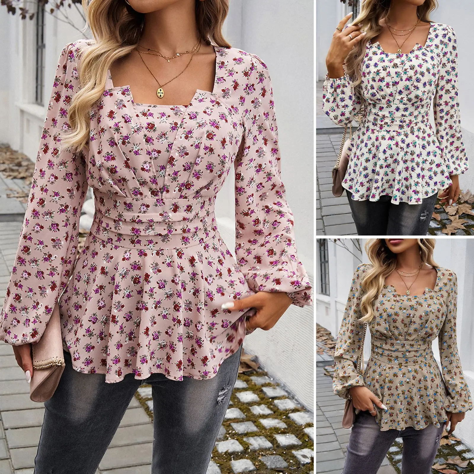 

2025 Spring/Summer New Women's Bubble Sleeve Forest Style Elegant Floral Long Sleeve Top