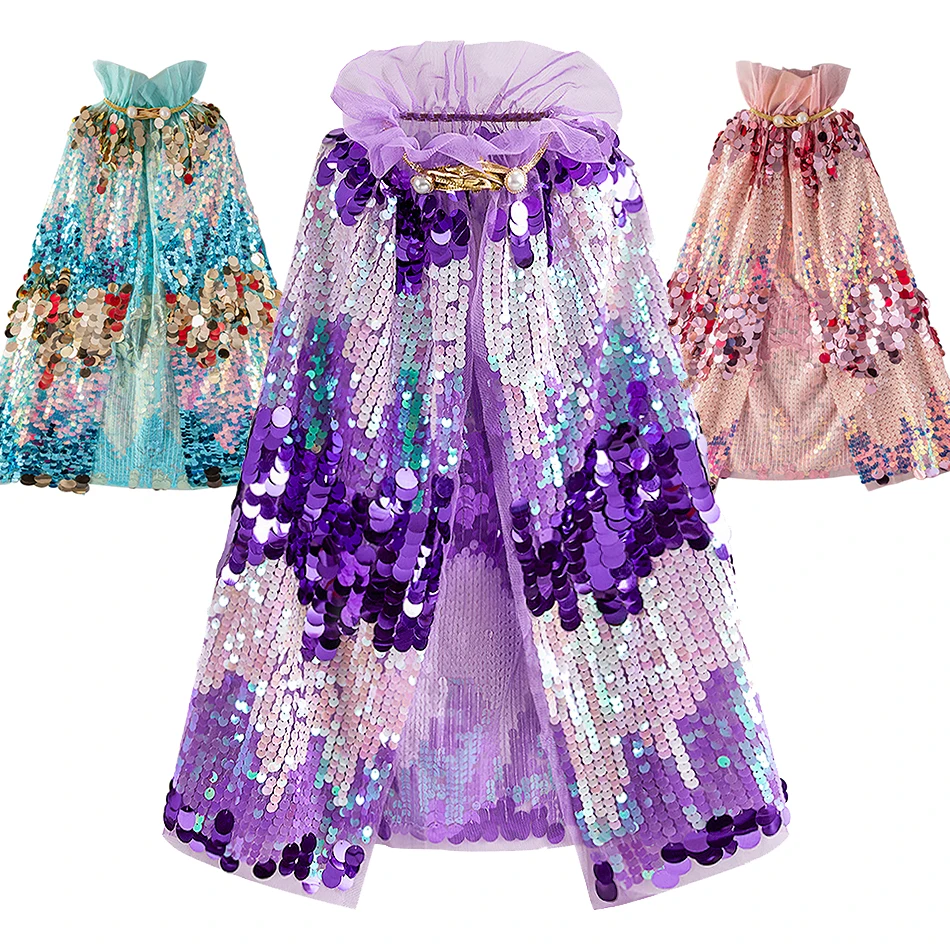 Girls Shimmering Sequin Princess Cloak for Kids Gradient Wrap for Costume Birthday Party and Role Play Performance Events