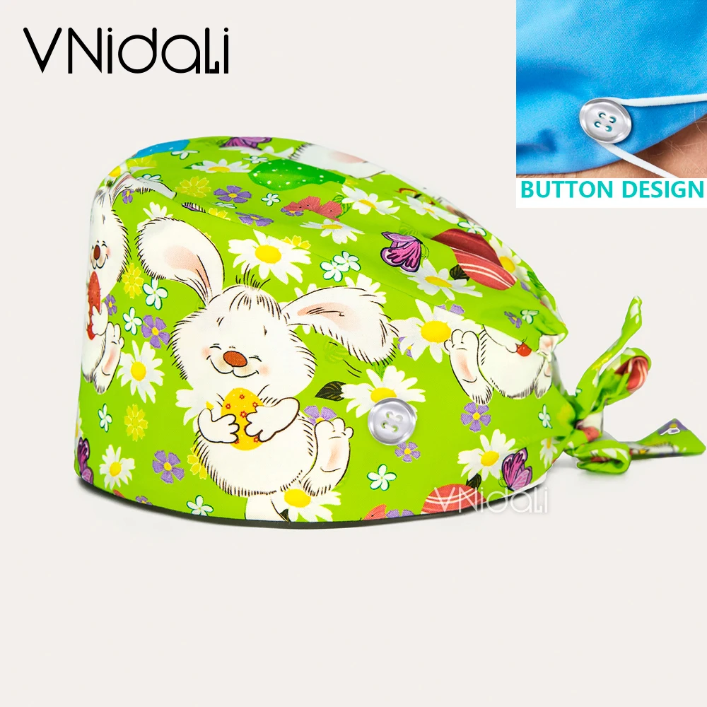 100% cotone stampa Medical scrub cap medici berretto chirurgico cappello da infermiera cotone scrub cappello Pet veterinario con bottoni dentista cappello da lavoro