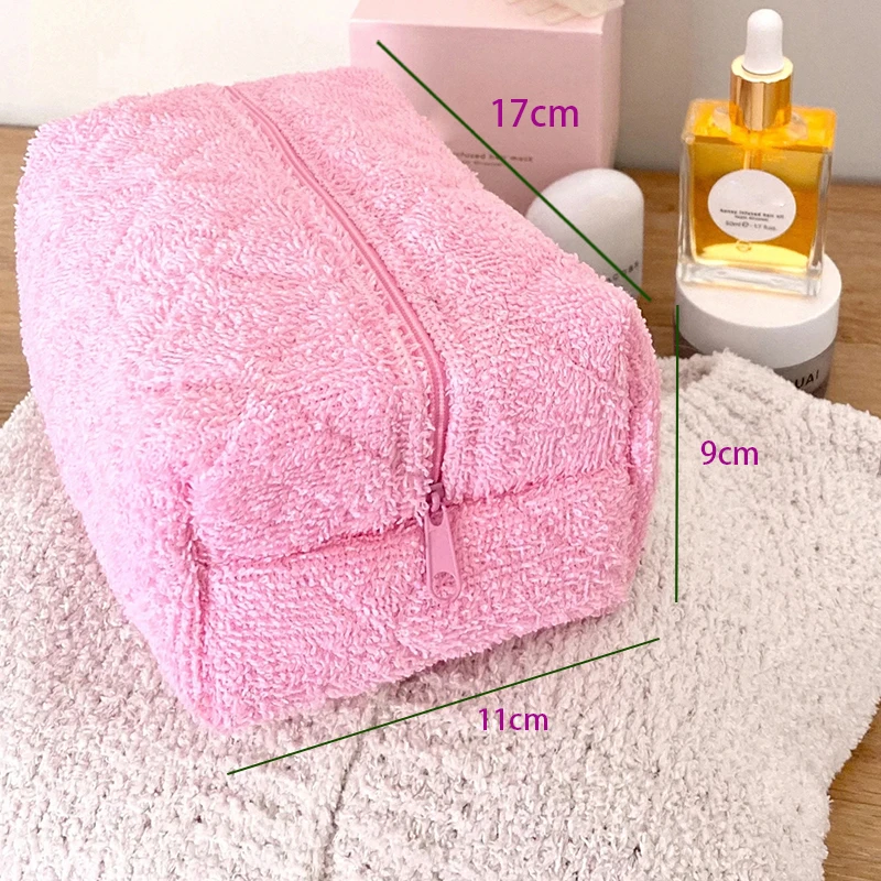 Terry Embroidered Towel Cosmetic Bag for Women, Makeup Bags, Towel Pouch, Quilted Lattice Pattern, Pink Storage Organizer Bag