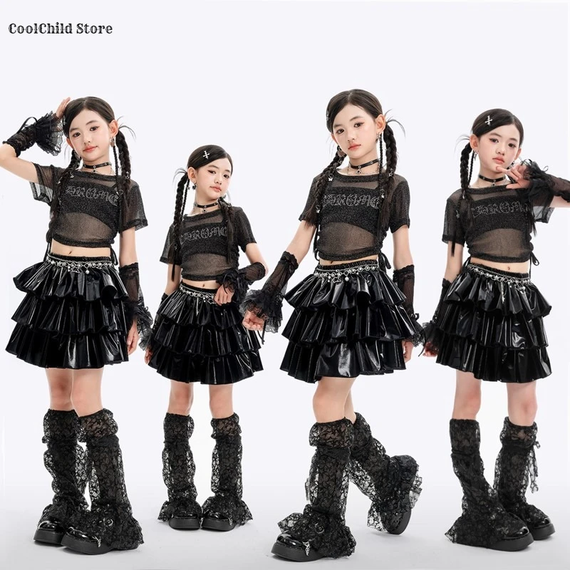 Kids K-pop Crop Top Street Dance Shiny Pleated Skirt Girls Hip Hop Streetwear Children Jazz Costume Girl Group Stage Clothes Set