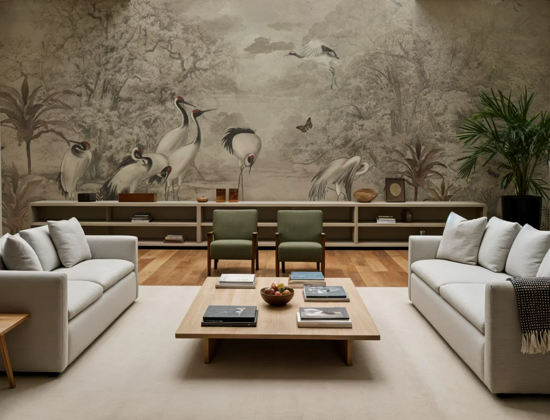 

Customized Size Mural Egret Crane Swamp Reed Wallpaper Beige Khaki, Brown, Green Dreamy Living Room Bedroom Wallpaper decoration