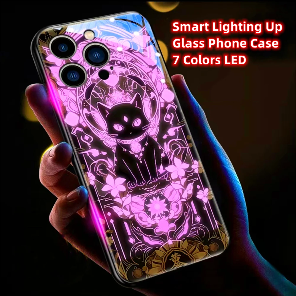 Casing ponsel pola kucing keberuntungan 2025, pelindung tahan guncangan kaca lampu LED, untuk iPhone 16 15 14 13 12 11 Pro Max XR XS Plus