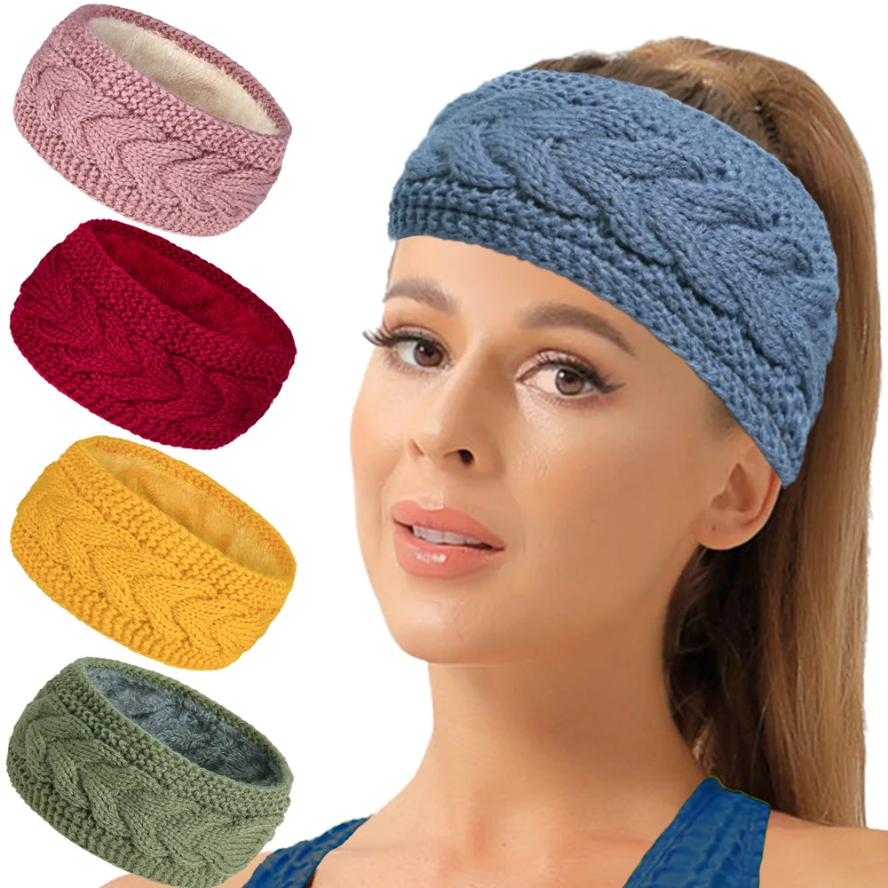 

Warm Knitted Headband Thermal Thickened Lined Plush Ear Protection Running Hairband Warm Anti-Cold Jogging Cycling Headwear