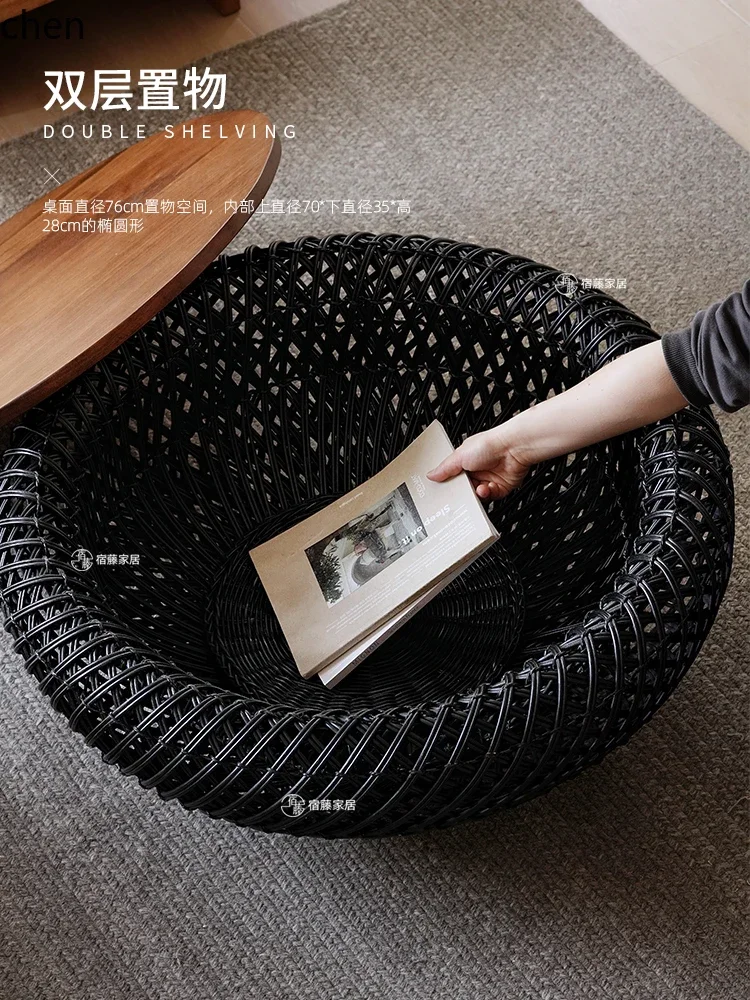 

CP round solid wood coffee table light luxury living room small apartment rattan tea table simple small round table teak