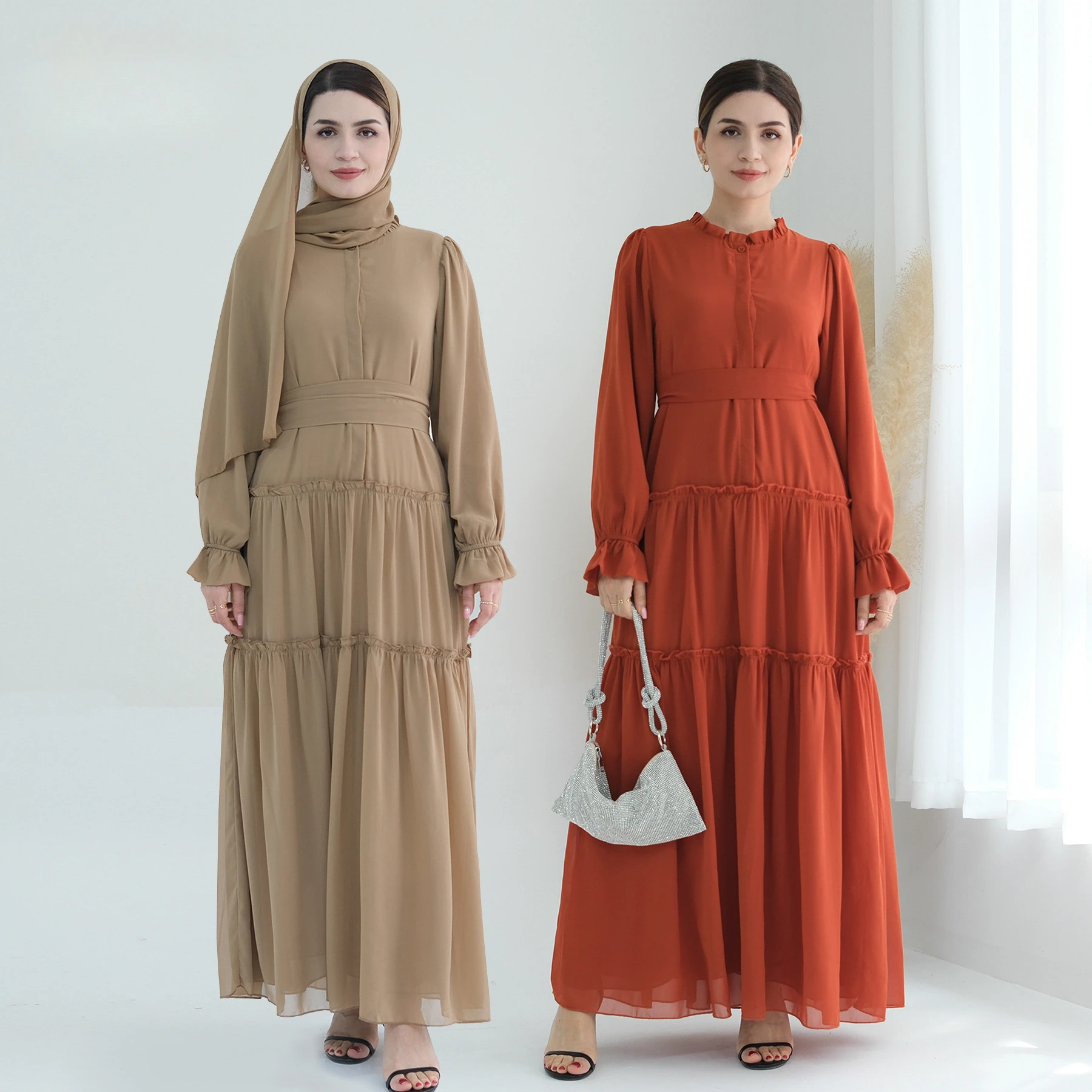 

Chiffon Pleated Abaya Muslim Fashion Hijab Dress Summer Elegant Blouson Sleeves Party Long Dresses for Women Dubai Kaftan Robe