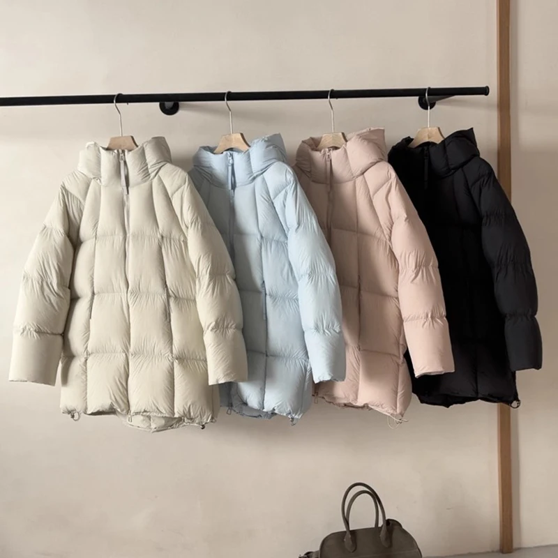 

Winter Hooded Mid Length Down Jacket Female Solid Zipper Warm Thick Outwears Women White Duck Down Casual Parker Down Jackets