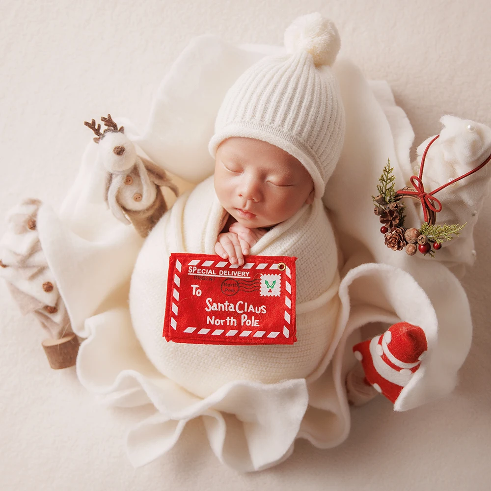 White Christmas Theme Newborn Photography Props Knitted Wool Wrap Hat Felt Christmas Props Posing Accessories Studio Photo Props