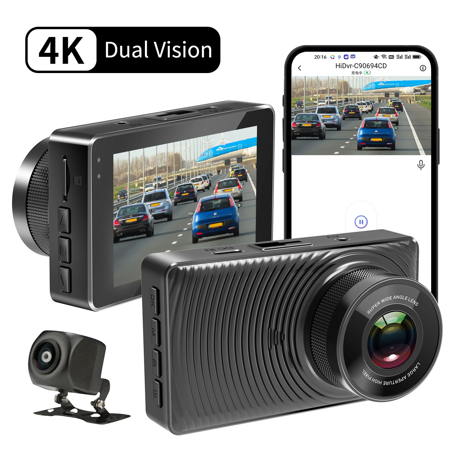 

Видеорегистратор 4K+1080P с поддержкой ночного видения, двойной записью спереди и сзади, Wi-Fi, циклической записи и функцией отображения изображения заднего вида.