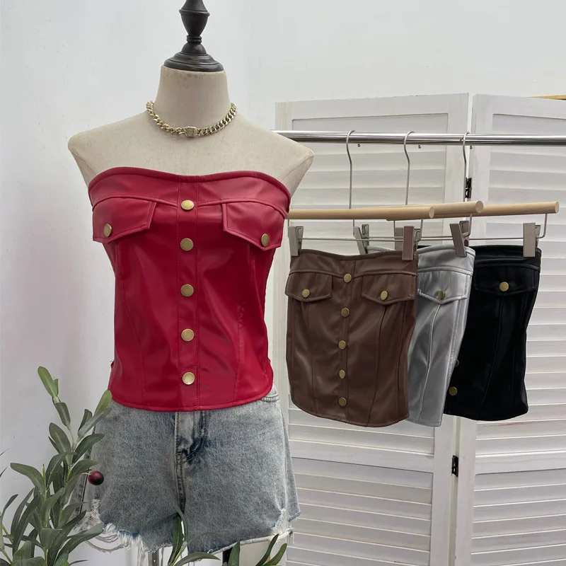 

Y2k Spice Girl Pu Leather Vest Metal Buckle Strapless Tube Top Sleeveless Top Women