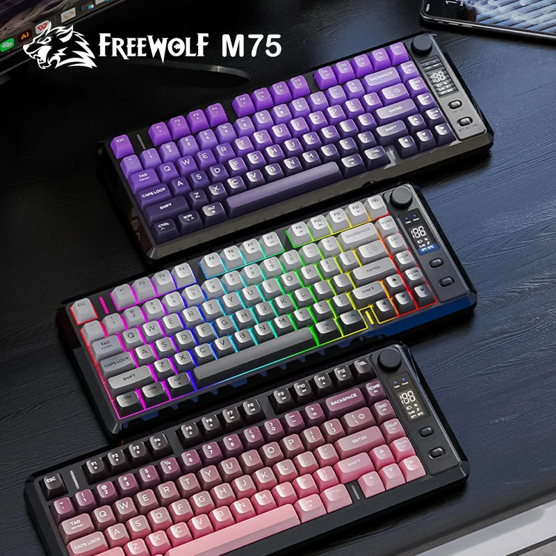 FREEWOLF M75 Gaming Wireless Bluetooth Keyboard Dual Mode with Display Screen Knobs PBT Gradient Keycaps 82 Keys for Win/Mac