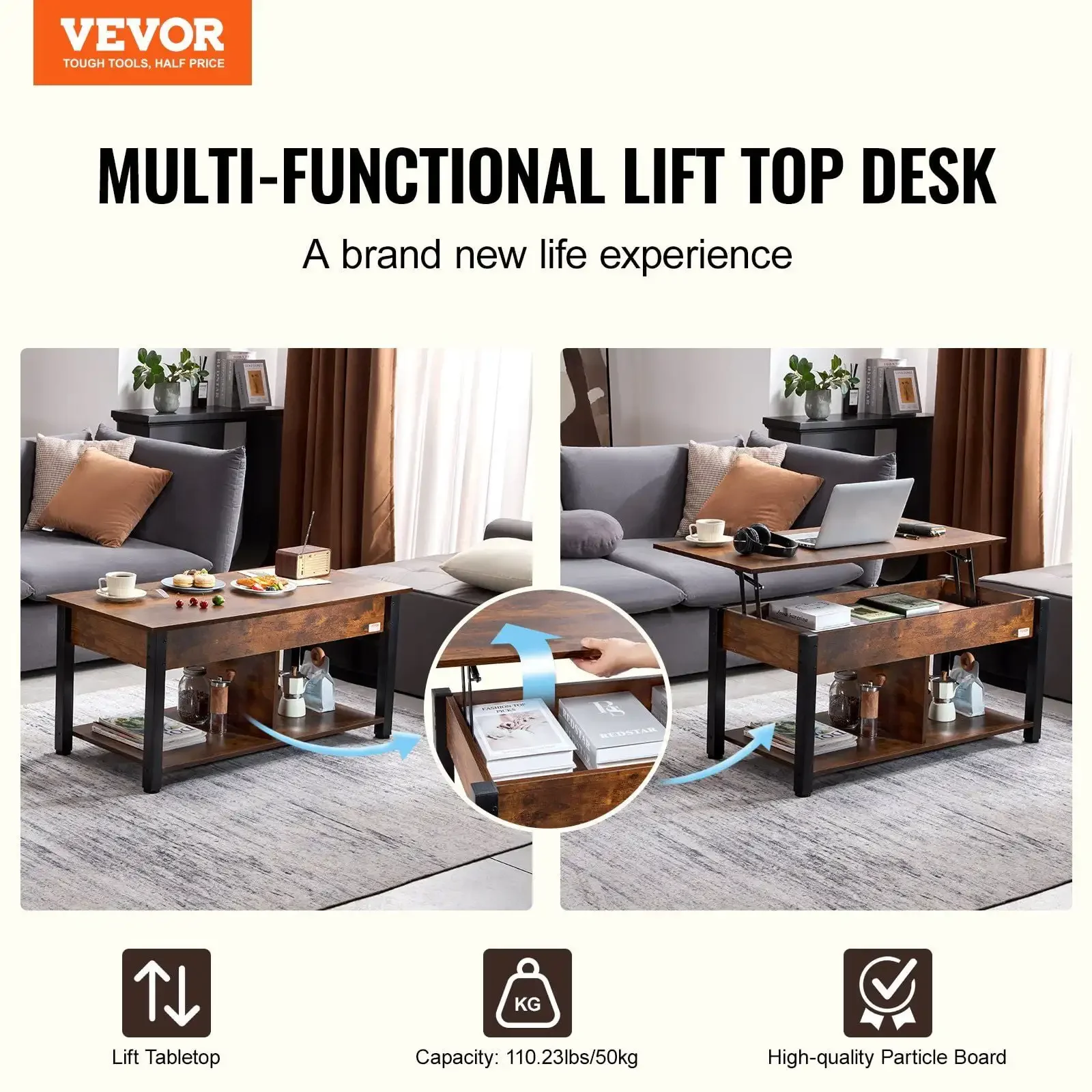 Table basse relevable, table basse rectangulaire de 41,7 pouces pour salon, marron