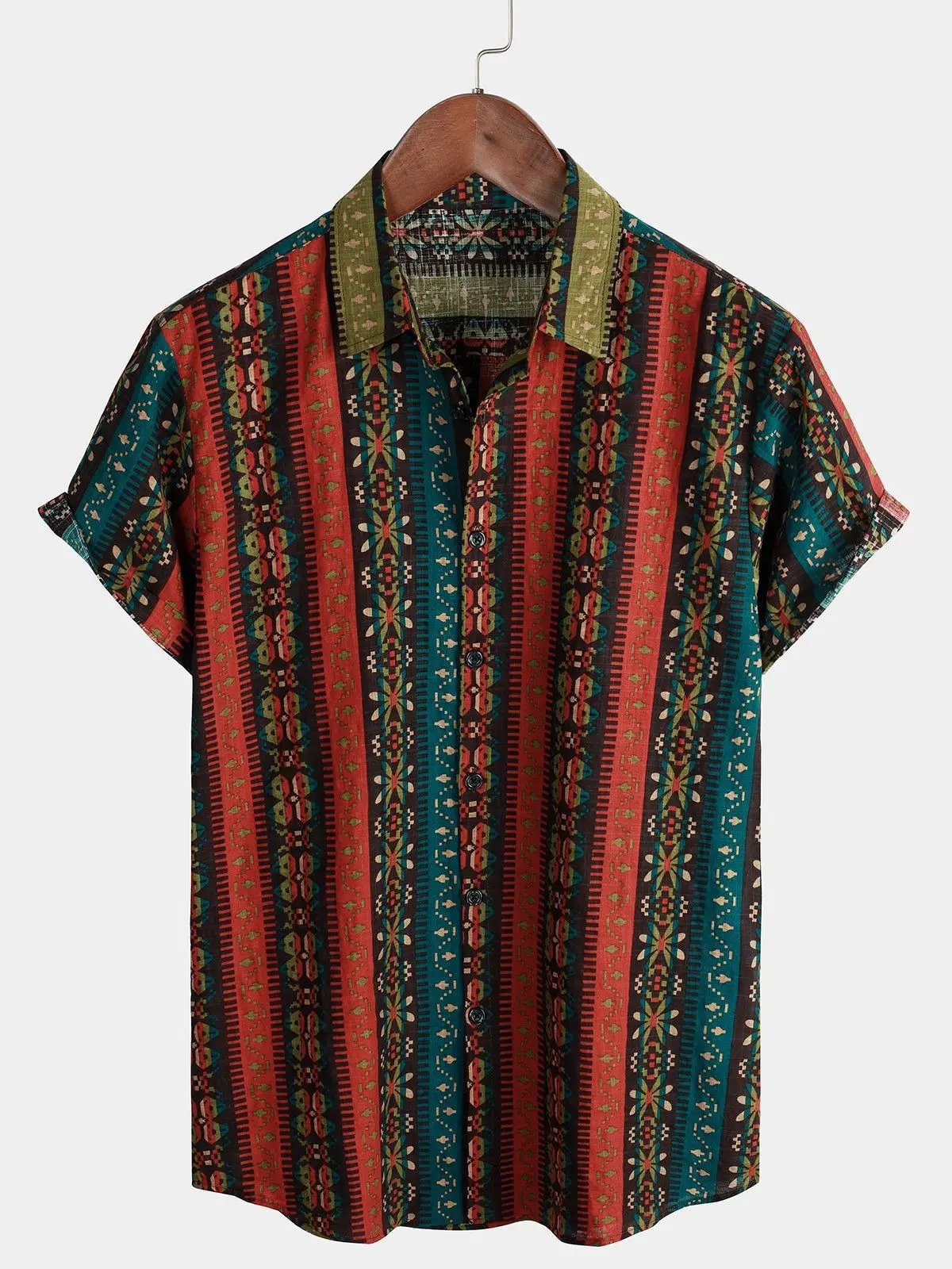 New Men's Dark Ethnic Striped Linen D Printed Shirt Short Sleeve Lapel Basic Hawaiian Beach Vacation Party Shirt Outerwear Top