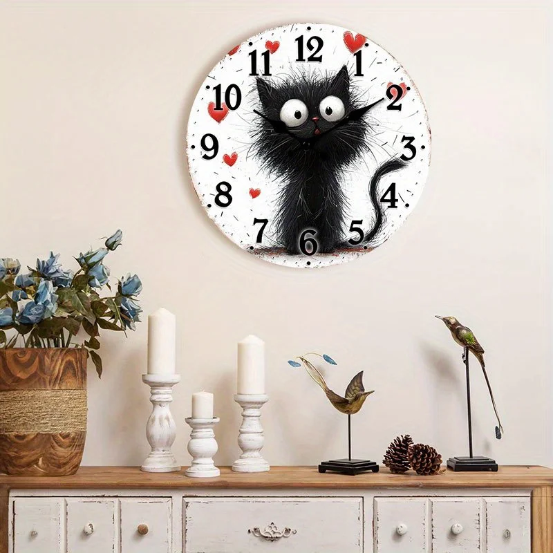 1pc Silent Wooden Wall Clock/Non-Ticking Decorative Circular Clock/Whimsical Black Cat Design for Kitchen, Bedroom, Living Room, Stairwell, Laundry Room/10