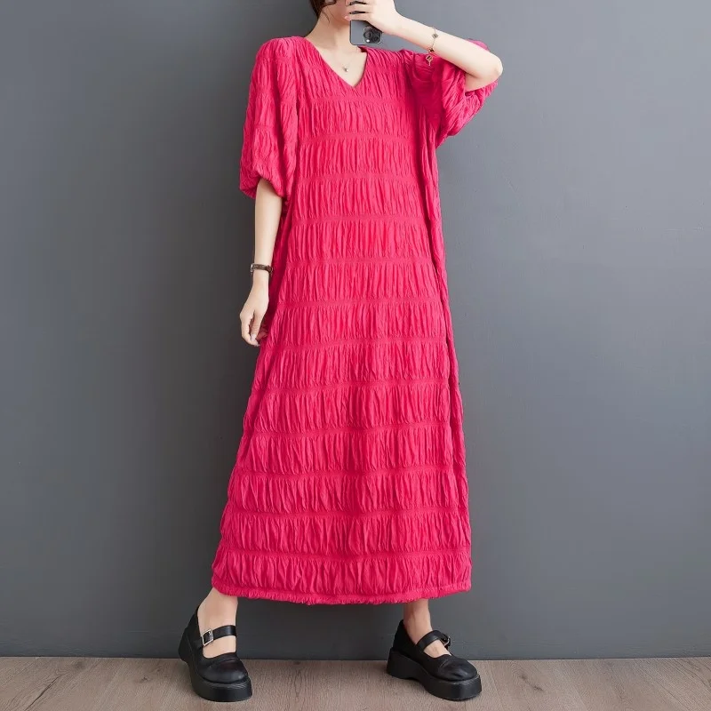 

#6595 Pleated Long Dress Half Sleeve Loose Straight Vintage Dress V-neck Ankle-length Ladies Dresses Spring Summer