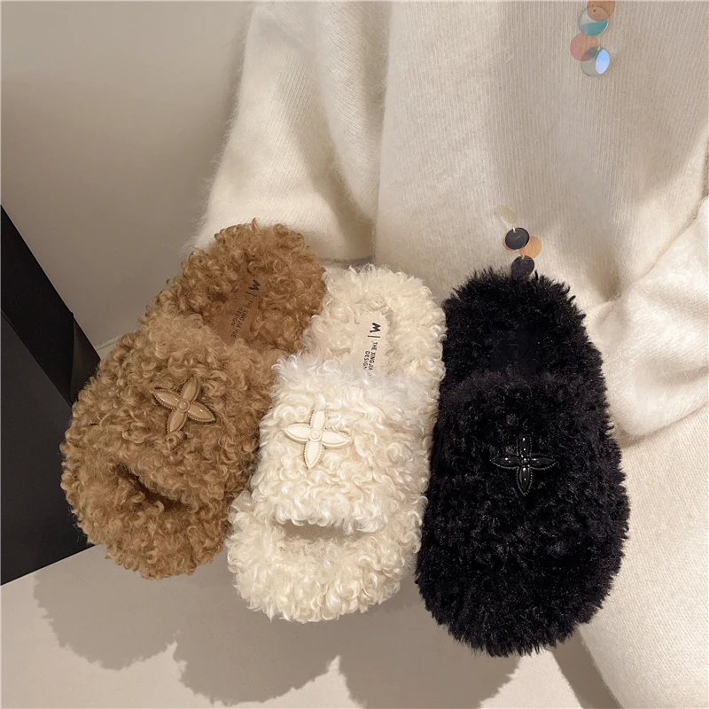 Thick Heel Luxury Lambwool Mules Winter Shoes Woman Flip Flops Flat Cover Toe Slides Ins Warm Curly Lamb Fur Slippers Women