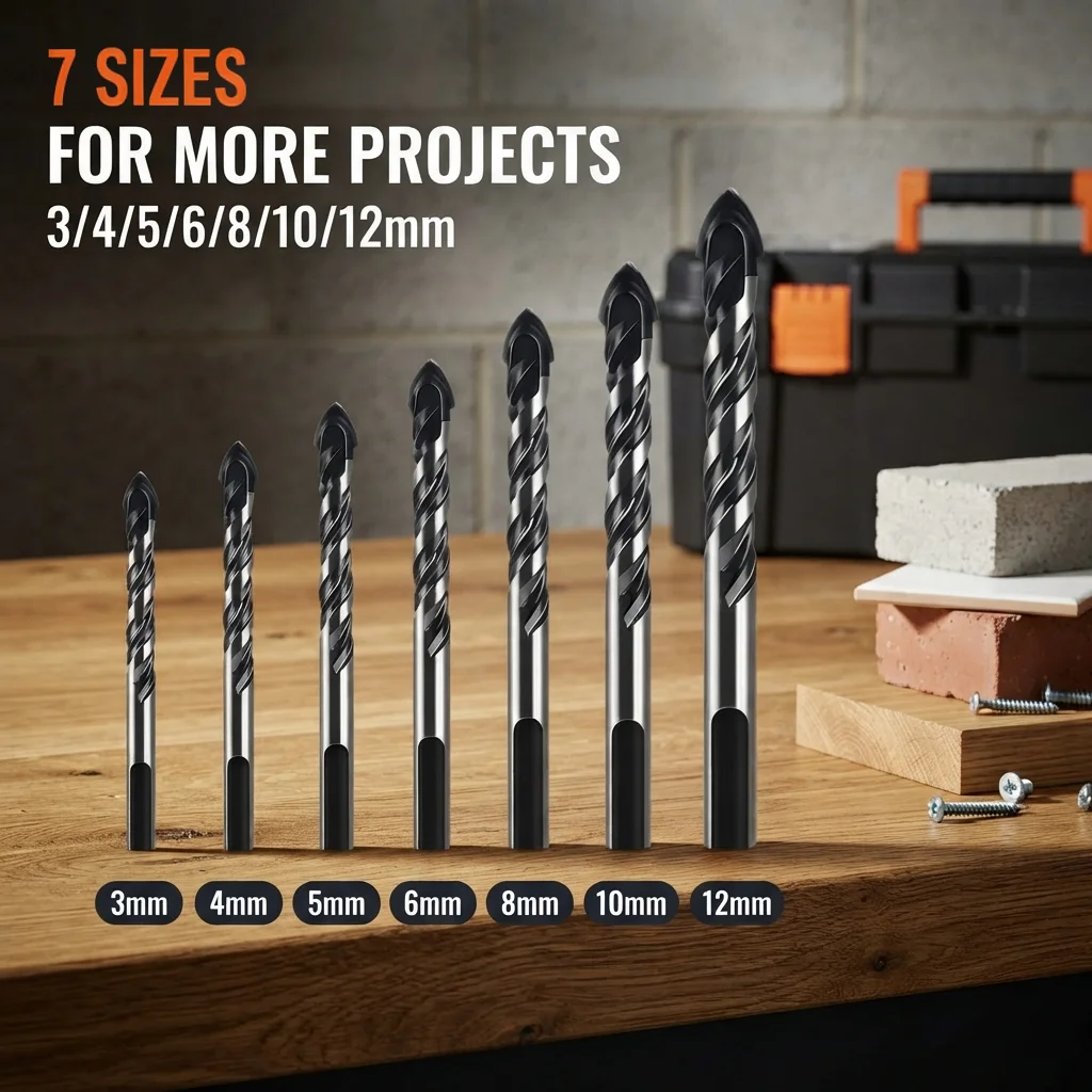 3-12mm Triangle Carbide Tile Drill Bit Set, Multi-Purpose  Spiral Drill Bits for Ceramic Tile Glass Concrete Brick Wood Punching