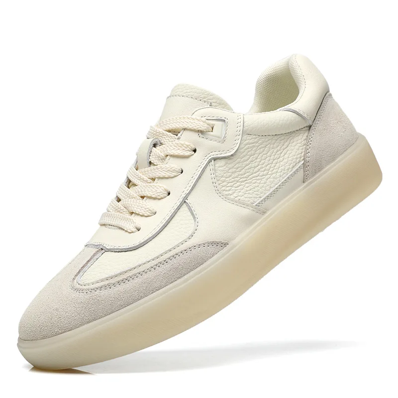

New Men Genuine Leather Casual Shoes Street Cool Flat Skate Shoes White Lace-up Sneakers
