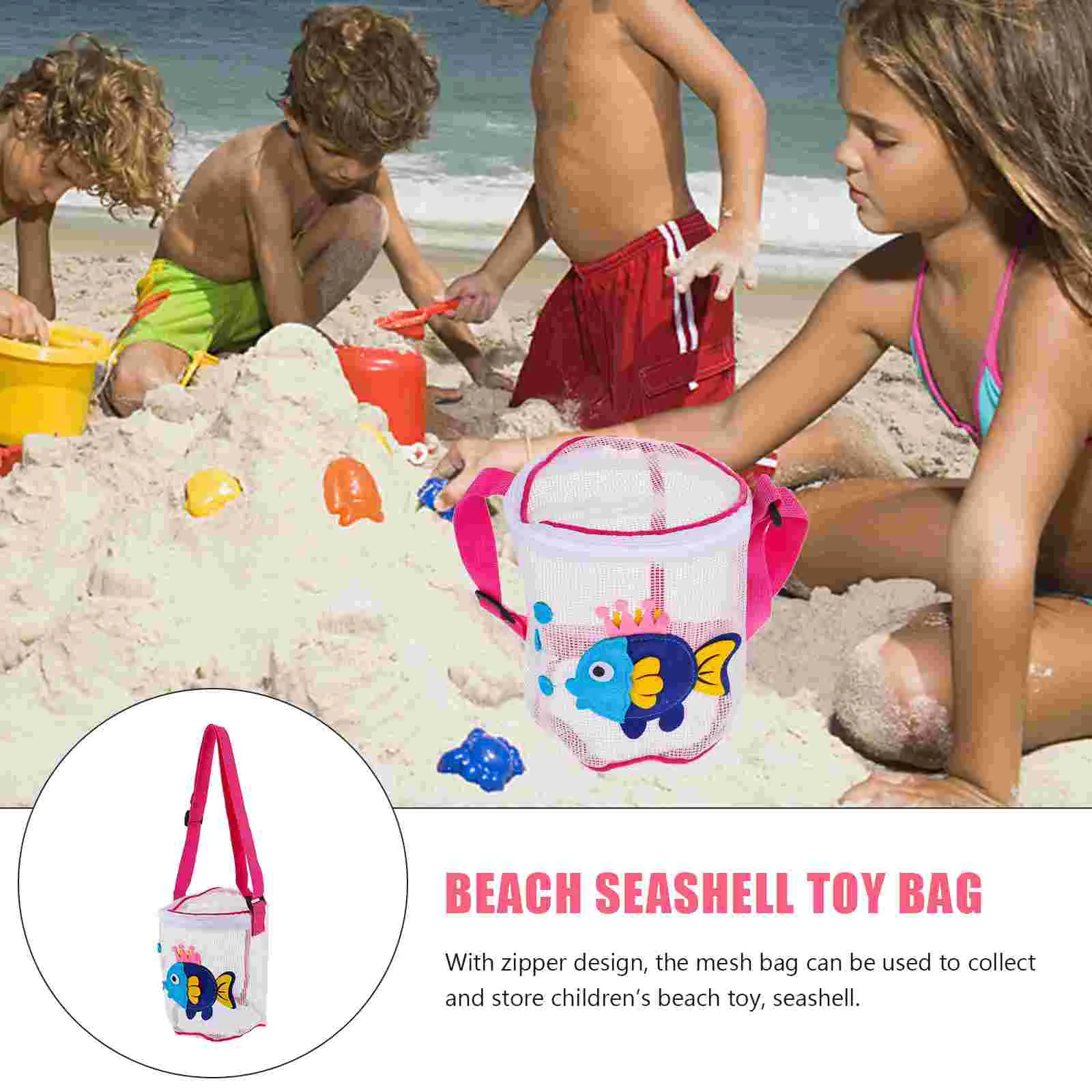 Bolsa de juguetes para niños, playa, cremallera, conchas marinas, juguetes de arena, malla de PVC, correa ajustable para recoger