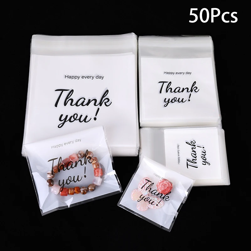 ●50pcs Transparent THANK YOU Self-adhesive Bag Plastic Pouches For DIY Jewelry Display Cookies Storage Gifts Bag