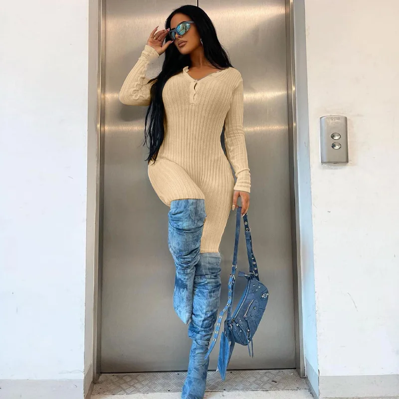 Ribbed Long Sleeve Jumpsuits One Piece Solid Elegant Bodycon Fall Winter Clothes 2022 Women Club Casual Sexy Jumpsuit Bodysuit