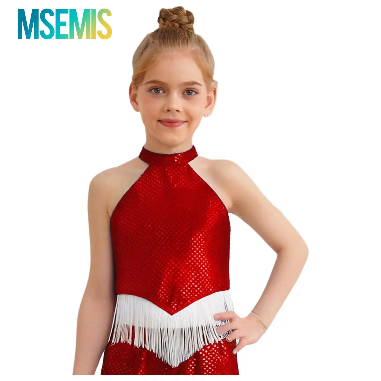 

Детский костюм для выступлений в стиле хип-хоп и джаз для девочек: топ с блестящими пайетками, бахромой и завязками на шее, танцевальная одежда