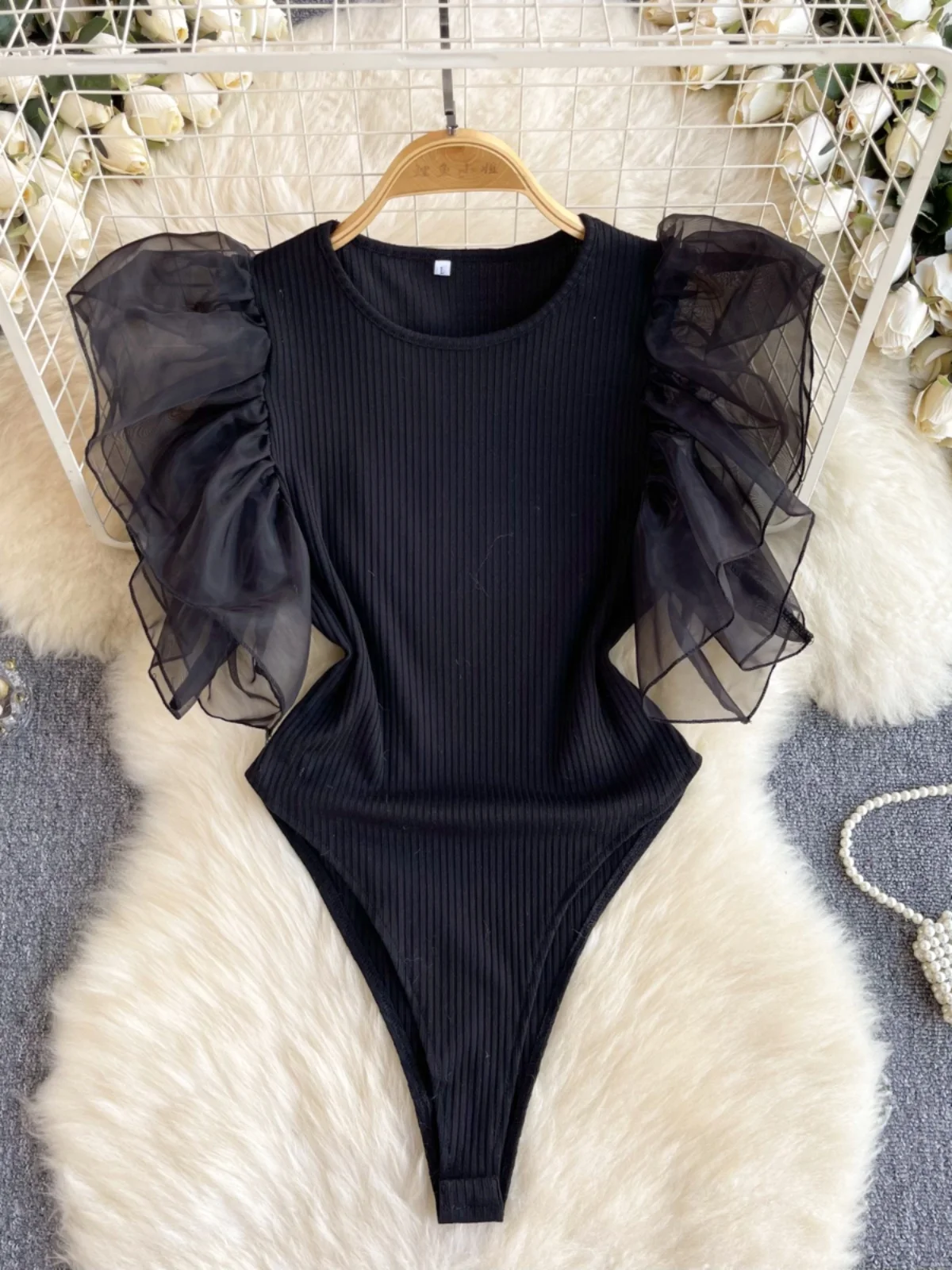 SsTss White Black Ruffled Bodysuits Summer Women Fashion O Neck Flying Sleeve Slim Stretch Patchwork Female Body Tops Streetwear