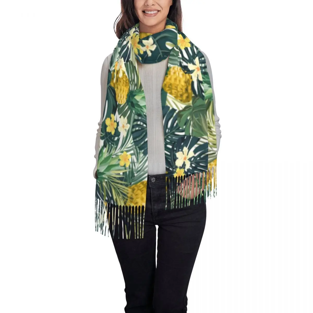 Tropical Floral Scarf Women Light Pineapple Headwear Scarves with Tassel Winter Luxury 2024 Shawls and Wrap New Design Bufanda