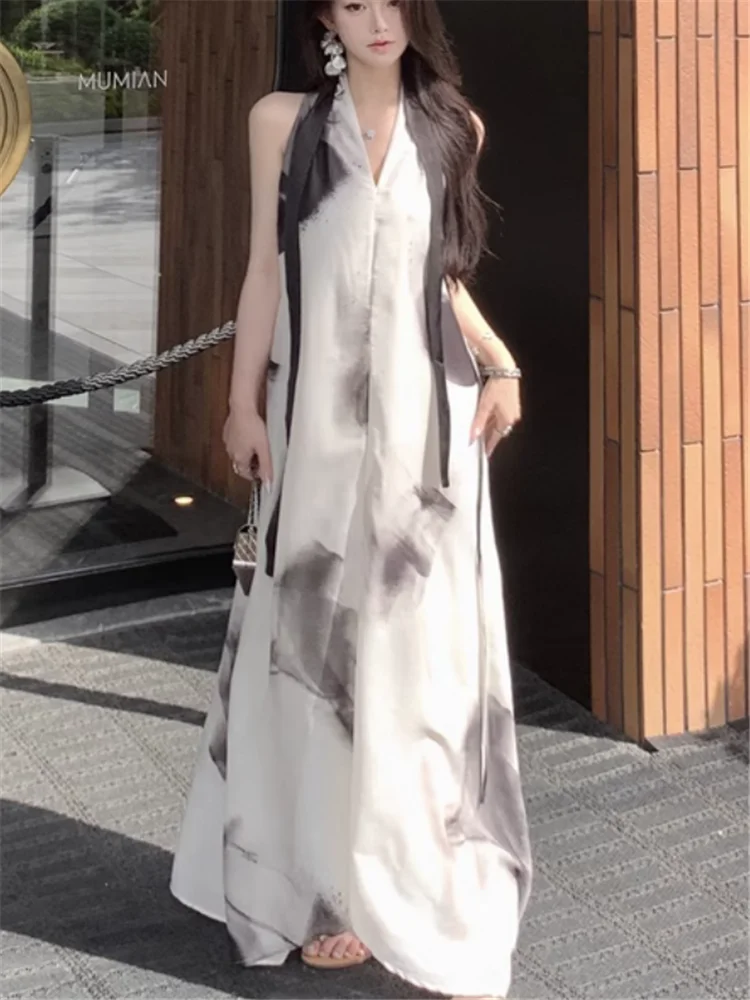 Vestido largo elegante con pintura china de hadas para vacaciones en la playa, novedad de verano 2025, vestido holgado con cuello en V y cinta para vacaciones en la playa