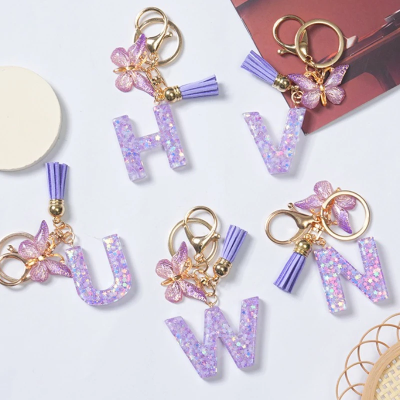 

A-Z Alphabet Letters Resin Keychain Purple Butterfly Tassel Pendant Keyring Women's Bag Car Key Chain Ring Characters Gift