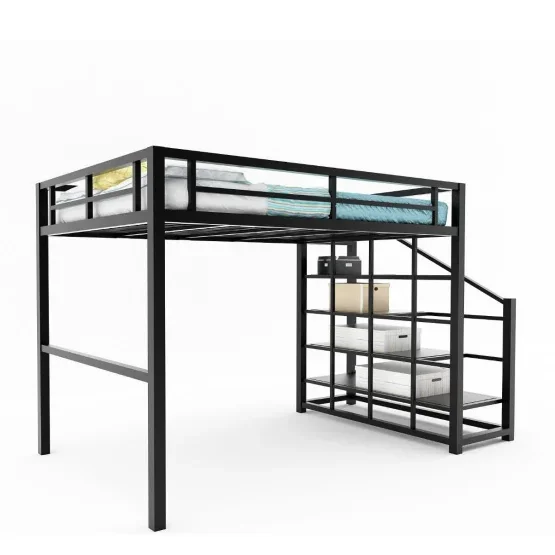 Wholesale Industrial Metal Frame Iron Loft Bed Double Queen Full Size Bunk Bed with Single Bed or Desk for Hotels and Bedrooms