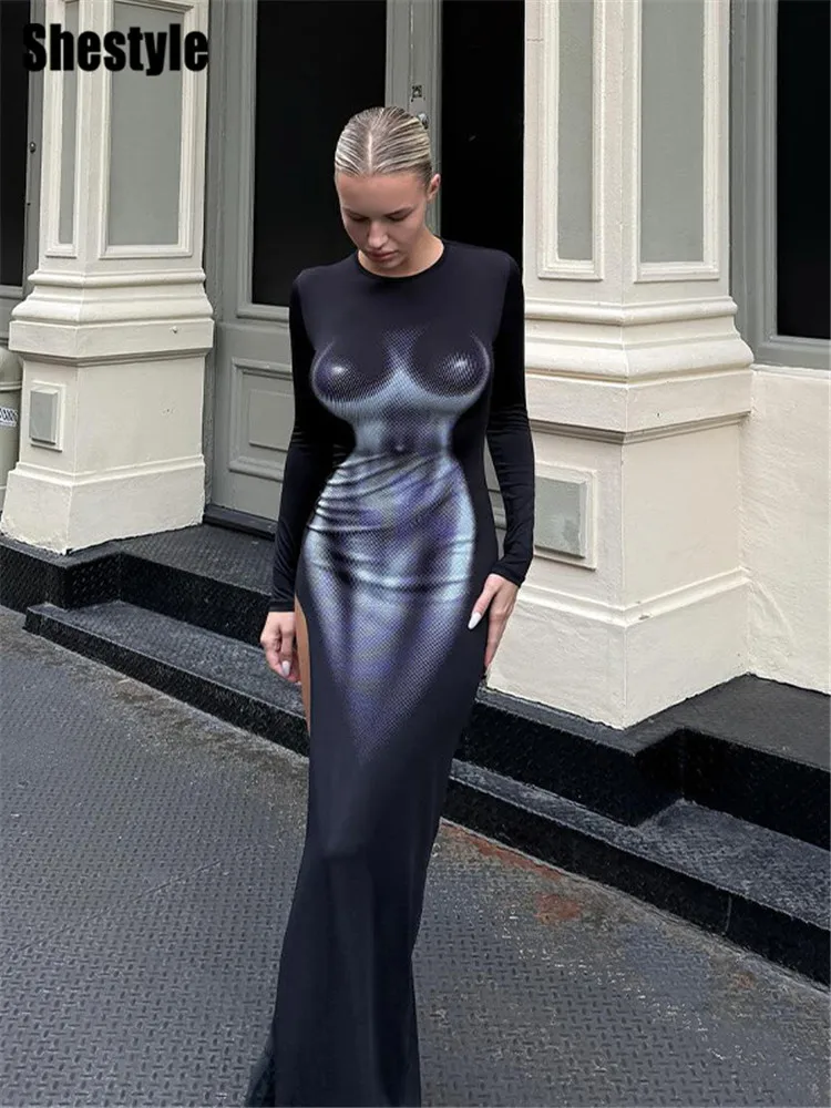 

Shestyle 3D Body Print High Slit Long Dress Women Autumn Fall Black Thermal Image Long Sleeve Skinny O-Neck Outfits Fashion Hot