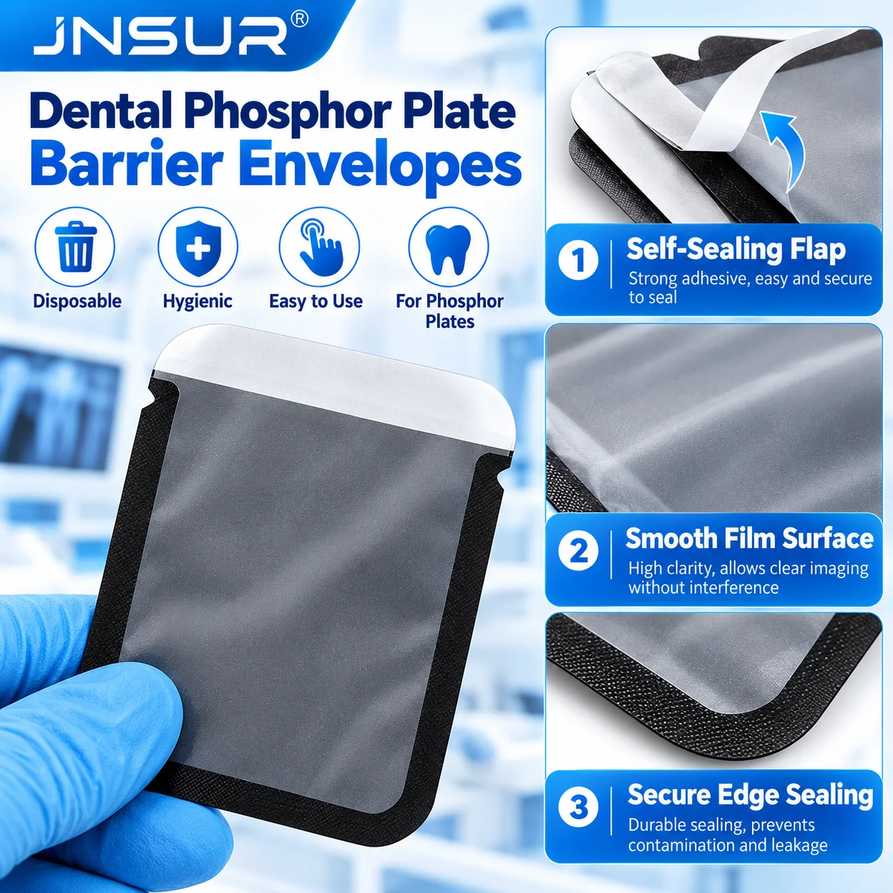 JNSUR 100Pcs Dental PSP Phosphor Plate Barrier Envelopes Self Sealing Protective Sleeves Size 0 1 2 Dental X Ray Imaging Plate C