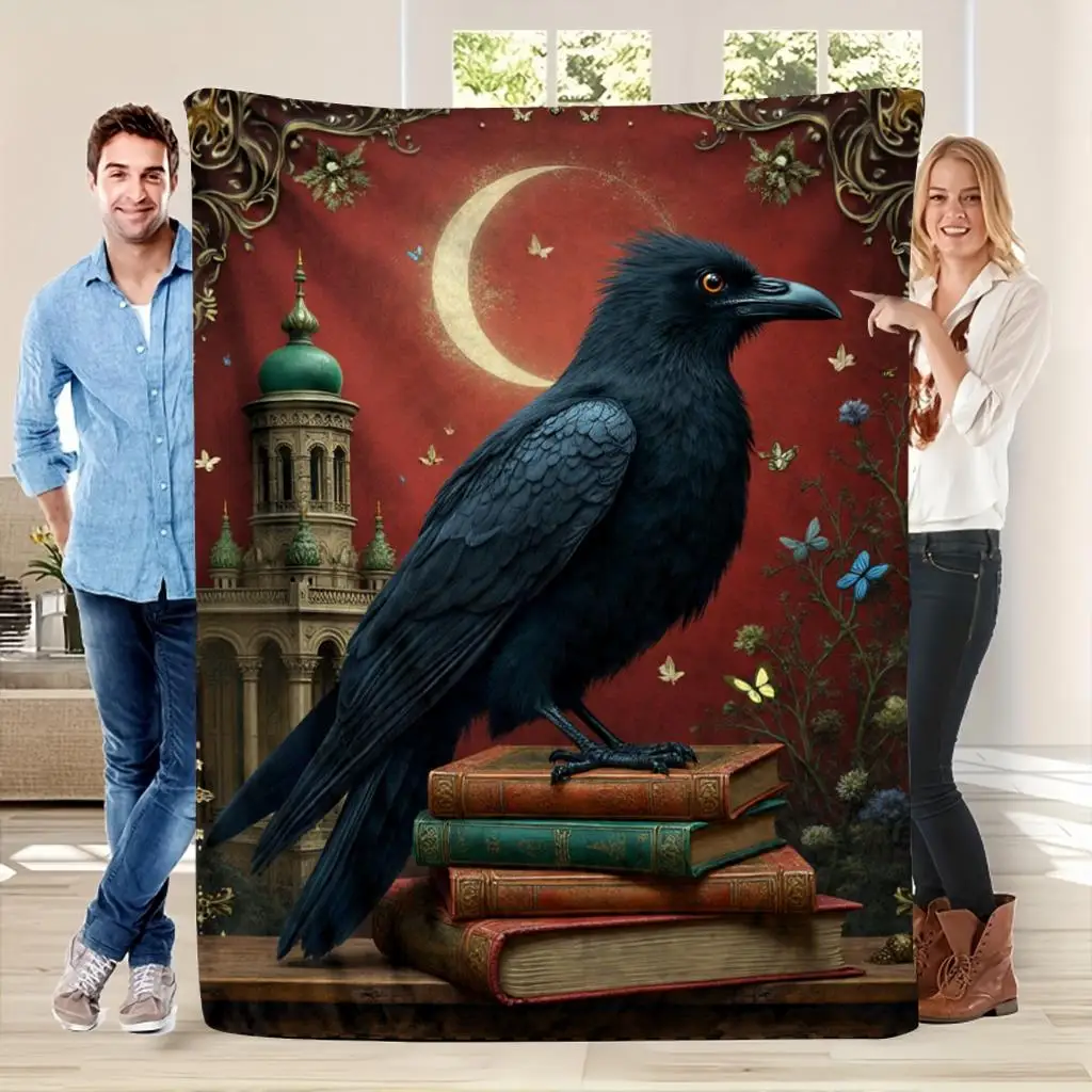 Mystical Gothic Raven Moon Books Study Throw Blanket Large Size 150x200cm Cottagecore Artwork Decoration