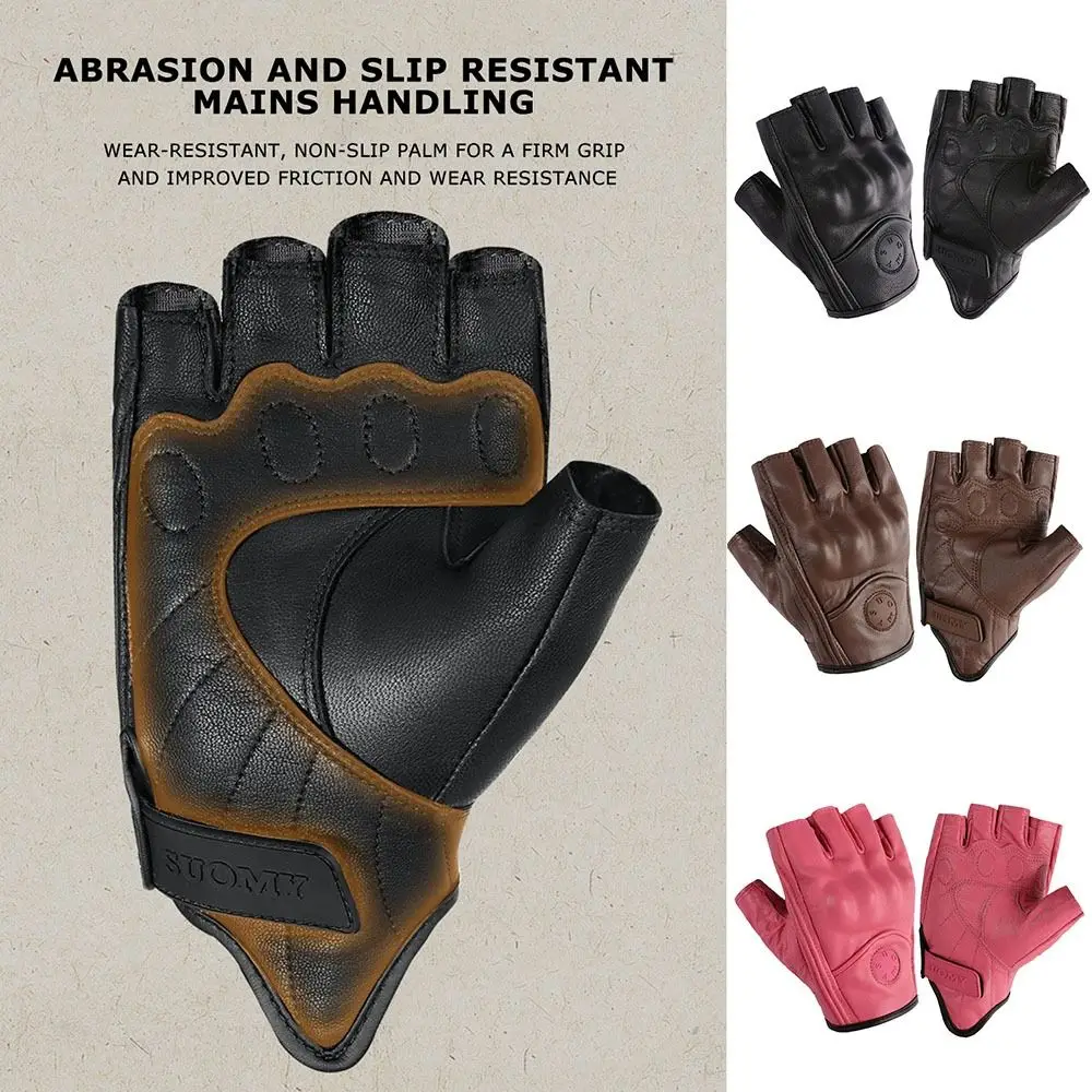 Wear-Resistant Motorcycle Gloves Anti-Slip Goatskin Leather Racing Gloves Vintage Fingerless Half Finger Gloves Women Men