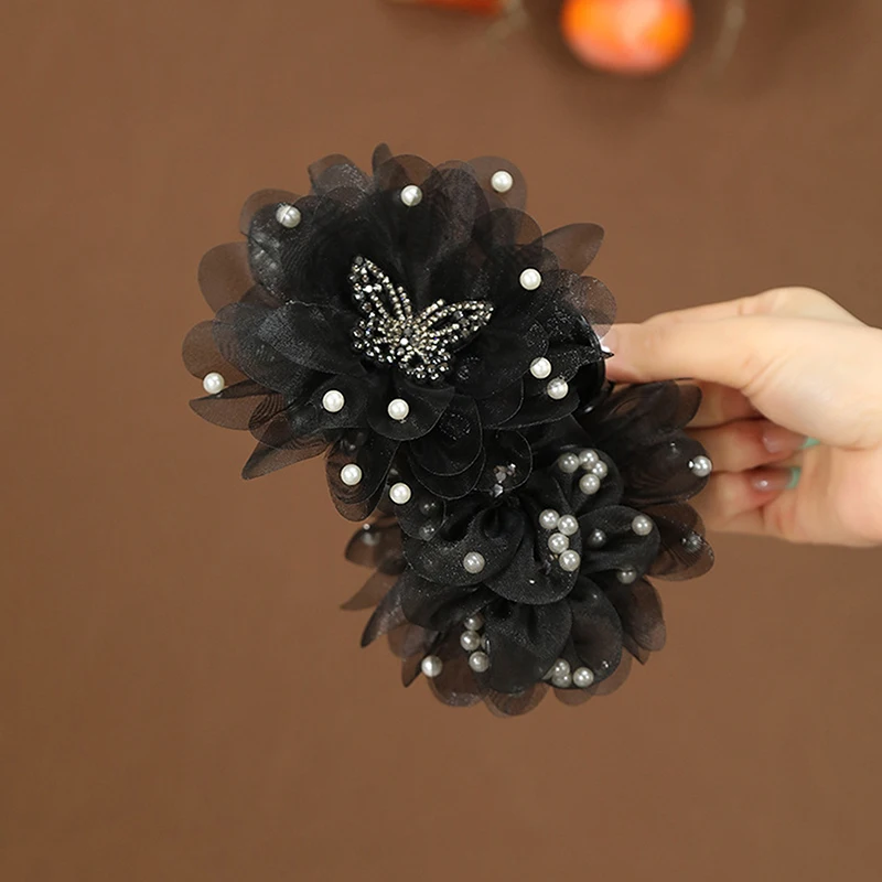 New Women Mesh Flower Pearl Butterfly Crab Hair Clip Shark Hair Claw Ladies Girls Temperament Fashion Black Headwear