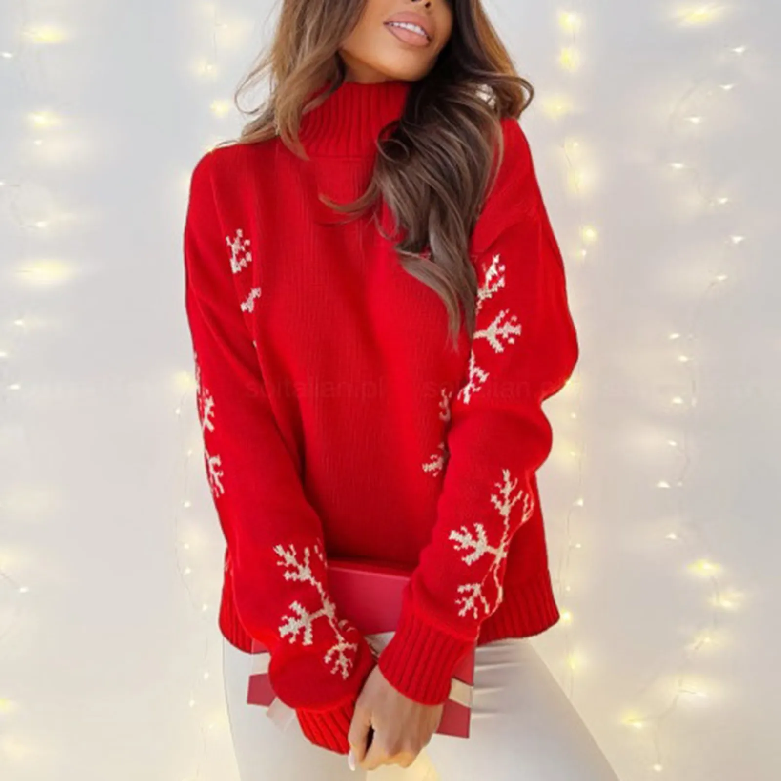 Women Christmas Red Sweater Snowflake Print Casual Loose Knitted Pullover Long Sleeve Turtleneck Sweaters For Xmas New Year