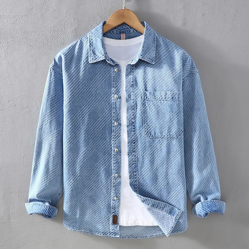 

High Quality 100% Cotton Twill Denim Shirts for Men Oversize Loose 100KG Wear Clothes Vintage Autumn Long Sleeve Cityboy Tops