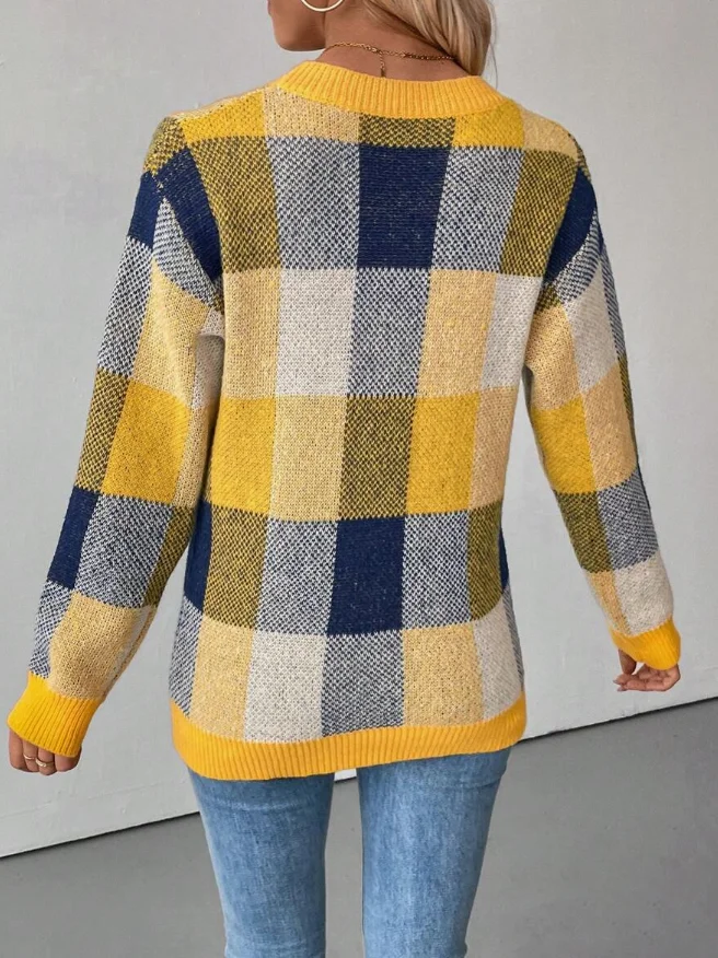 Ladies Elegant Knitted Sweater Long Sleeve Spring Autumn Top Abaya Plaid Unique Design Versatile Denim Pants Outfit