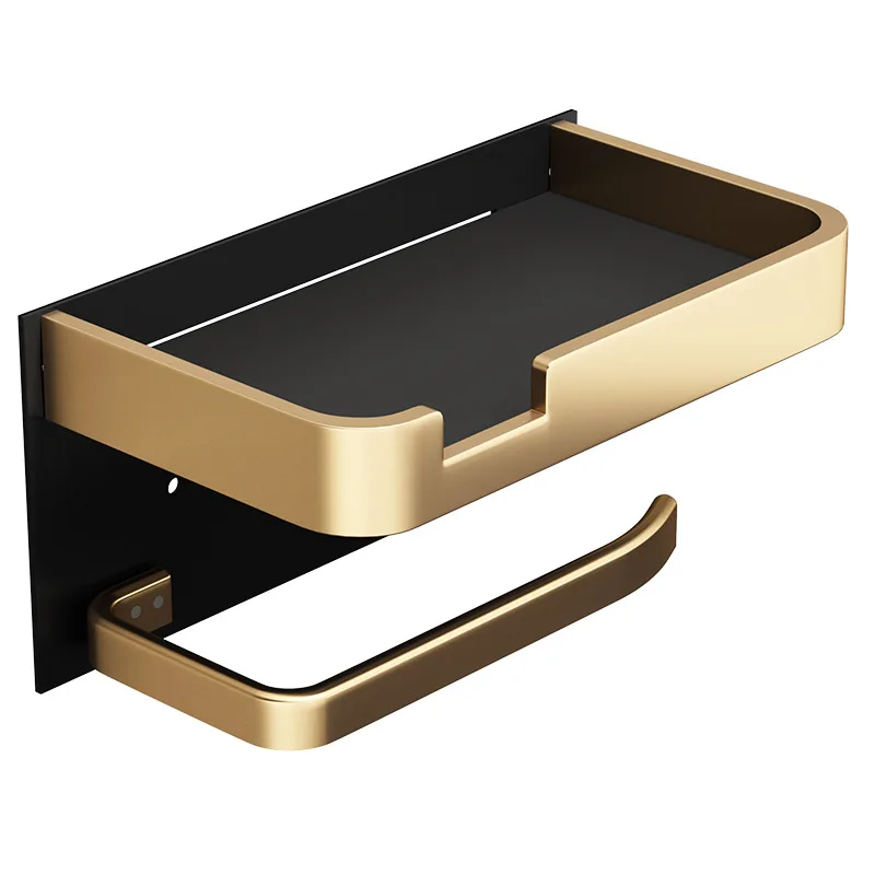 Black and Gold Bathroom Toilet Roll and Phone Holder with No Holes for Easy Installation of Stylish Bathroom Accessories