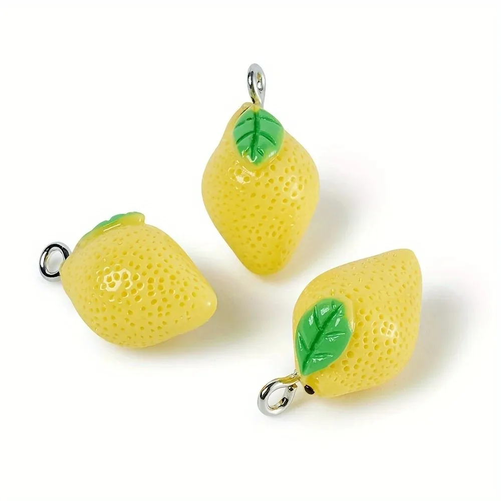 10pcs Bright Yellow Lemon Fruit Pendant with Green Leaf Hollow Design DIY Necklace, Bracelet, and Earrings - Graduation Gift
