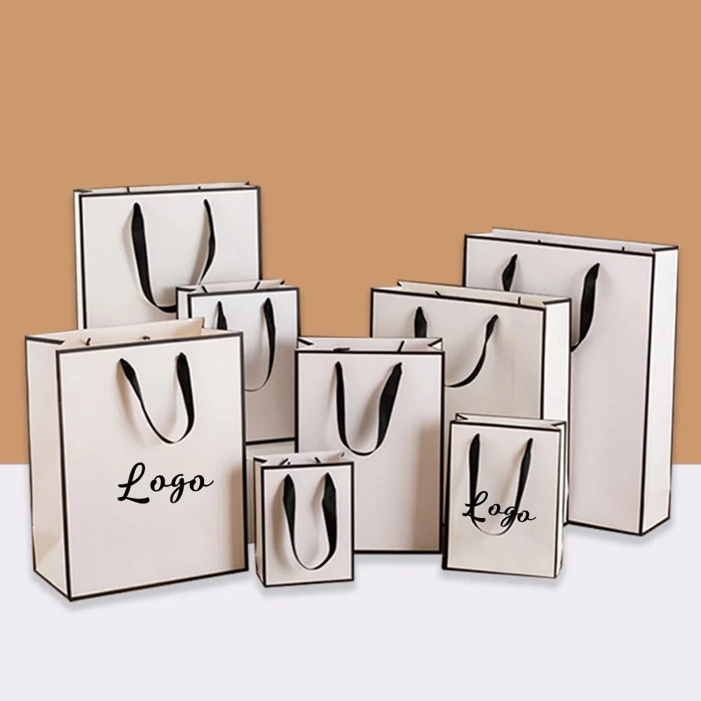 

24/50/100pcs Luxury Kraft Handle Paper Bag Custom Logo Recyclable Clothing Brand Packaging Wedding Shopping Gift Jewelry Bags