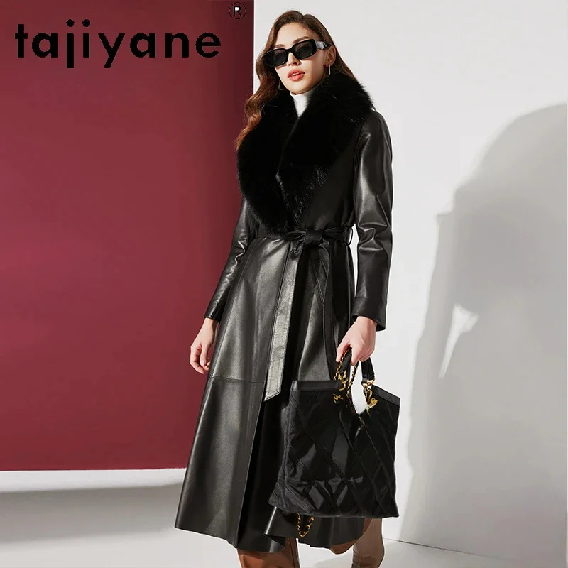 

Real Tajiyane Sheepskin Leather Down Jacket for Women Winter Fox Fur Collar Long Coats Fashion Parkas Casaco Feminino